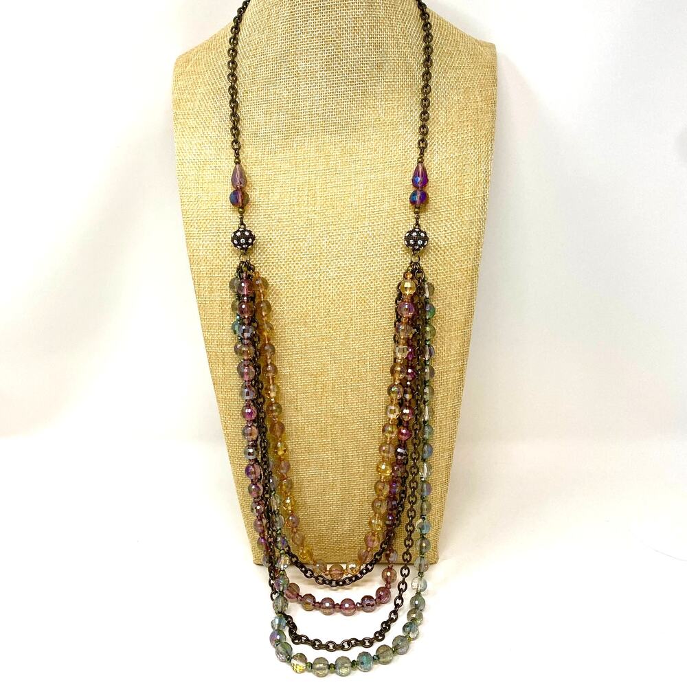 Aurora Boralis Crystal Statement Necklace Multi-Strand Antique Gold Tone 35"